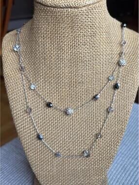 Silver Tone Station Necklace Faceted Crystal Beads Long Adjustable